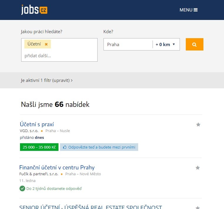 Ukázka výpisu pracovních inzerátů na sreveru Jobs.cz